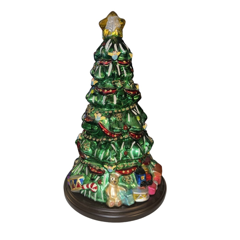 Thomas Pacconi 2004 Christmas Tree Figurine Blown Glass Wood Base Painted Decor